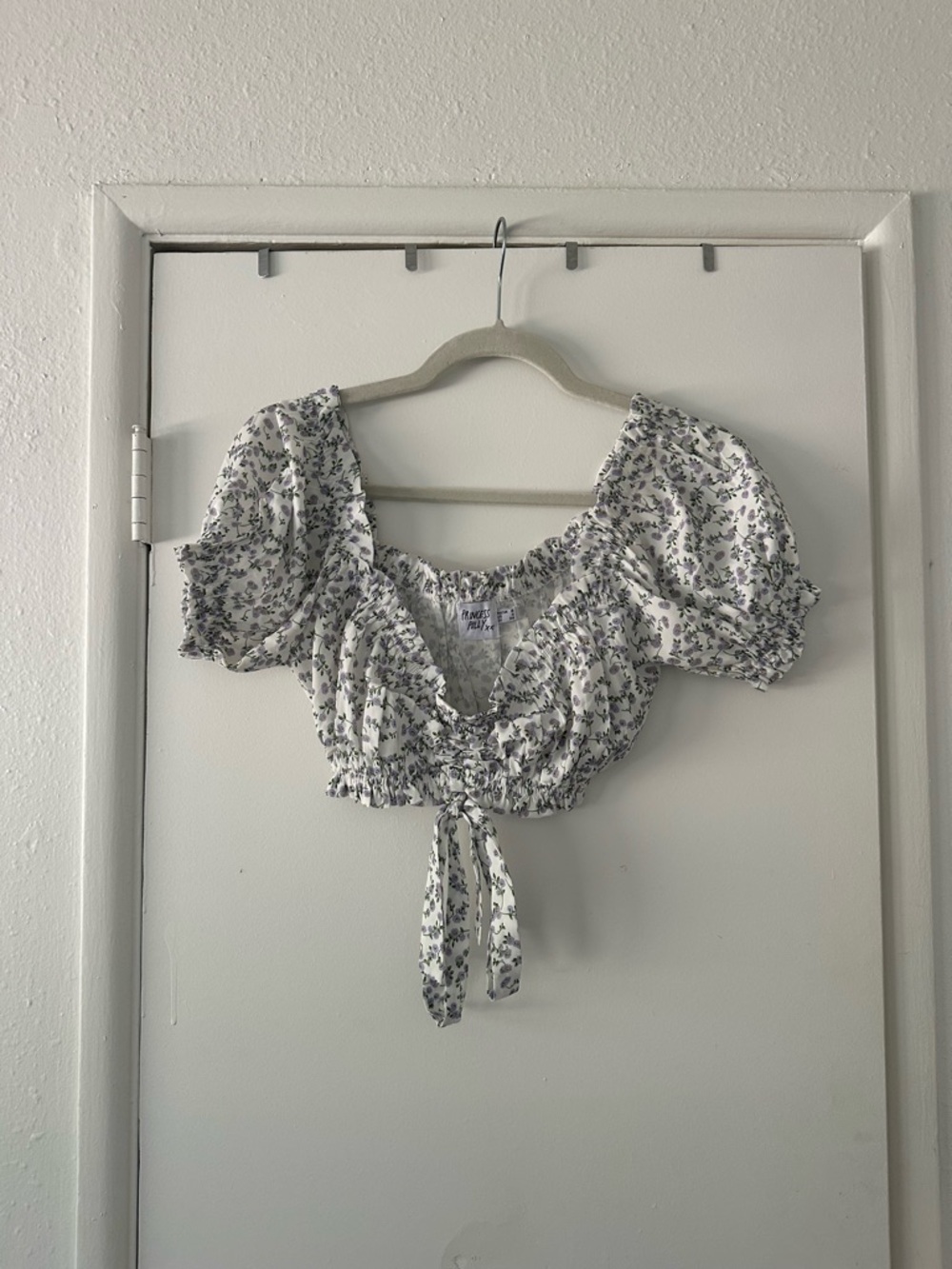 Princess Polly White Floral Ruched Tie-Front Puff Sleeve Crop Top